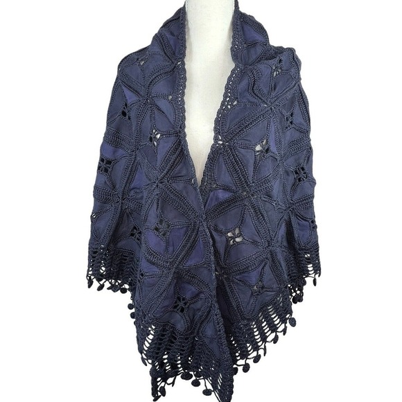 Vintage Navy Blue Leather Suede Crochet Patchwork Fringe Shawl Wrap - Picture 1 of 12